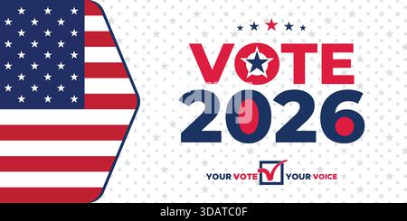 Clean Vote 2026 election banner featuring an American flag, bold lettering, and patriotic theme suitable for political promotion and marketing visuals Stock Vector