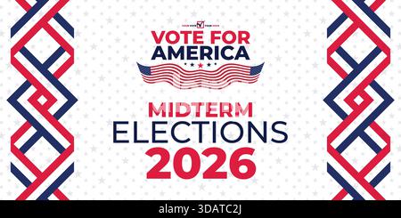 Patriotic midterm banner with ribbon pattern, stars, stripes, and bold Vote for America 2026 typography ideal for political campaigns and promotional Stock Vector
