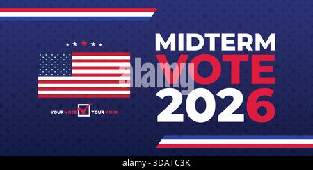 Clean Midterm Vote 2026 banner featuring USA colors, abstract patriotic elements, and modern typography designed for political campaigns and promotion Stock Vector
