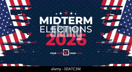 Dynamic Midterm Elections 2026 banner featuring abstract flag elements, bold colors, and clean typography ideal for political promotion and marketing Stock Vector