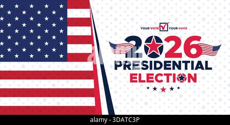 Patriotic 2026 Presidential Election banner featuring USA flag elements, clean layout, and bold colors ideal for political campaigns and marketing mat Stock Vector