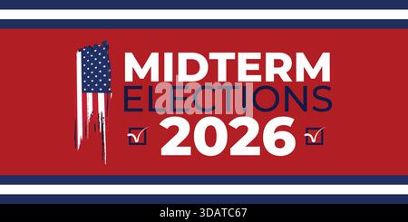 Bold USA Midterm Elections 2026 banner featuring modern patriotic graphics, clean layout, and vibrant colors perfect for political campaigns and promo Stock Vector