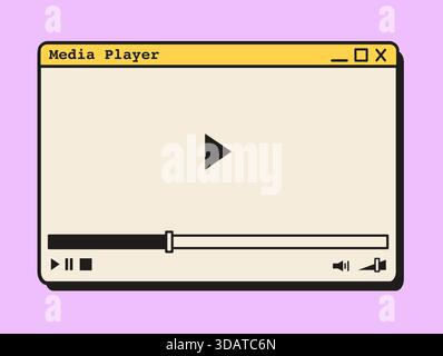 Retro vaporwave video player in a popup system window with play bar, timeline, and interface buttons. 90s desktop media application mockup in Stock Vector