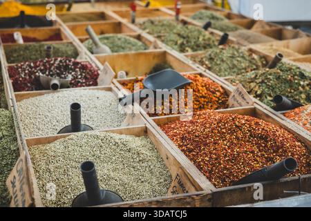 Bulk spices at Italian farmers market Stock Photo
