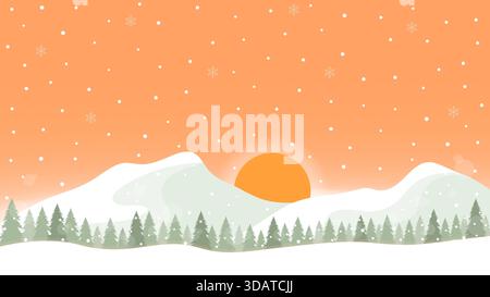 Natural Scenery Of Mountains And Pine Forests At Sunset With Snowy Background Stock Vector