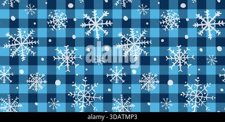 Blue buffalo check with doodle snowflakes seamless vector pattern, Cute winter background for packaging design Stock Vector