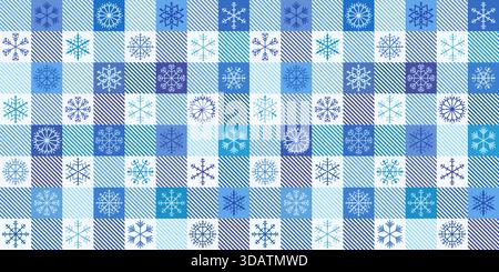 Blue Plaid and Snowflakes Winter Vector Seamless Pattern, Cute Buffalo Check Background Stock Vector