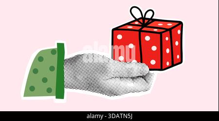 Vector halftone hand with red polka dot gift box, birthday or Christmas present collage for flyers, posters and banners Stock Vector