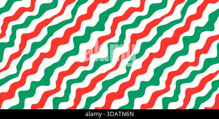 Warped, distorted diagonal stripes seamless vector pattern, Psychedelic striped red and green Christmas background Stock Vector