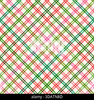 Red, green and pink diagonal check vector seamless pattern, cute lattice background for Christmas holiday designs Stock Vector