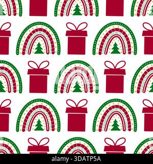 Christmas Rainbows seamless pattern. Hand drawn winter holidays background. Vector template for fabric, textile, kids clothes, wallpaper, wrapping pap Stock Vector