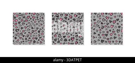 Set of 3 Valentine Leopard seamless patterns. Trendy animal print. Spotted cheetah fur heart shaped. Vector background for fabric, textile, wallpaper, Stock Vector