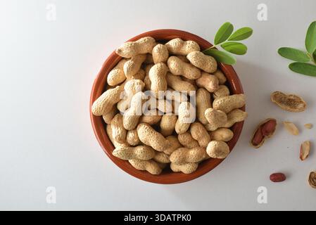 Heap of peanuts with skin in a brown clay bowl with leaves placed in the center isolated on a white table. Top view. Stock Photo