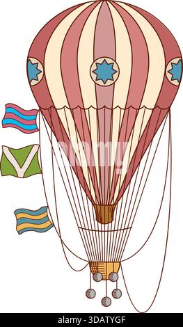 A hot air balloon with a flag and a star on it. The balloon is pink and white Stock Vector