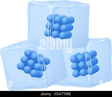 Three cubes of ice with blue balls inside. The cubes are stacked on top of each other. Concept of coldness and solidity Stock Vector