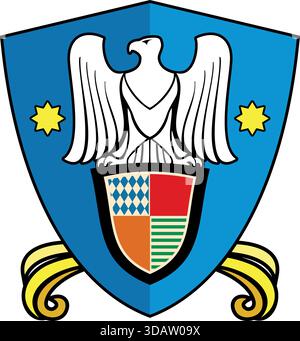 A blue shield with a white eagle on it. The shield is decorated with stars and has a red and orange stripe Stock Vector