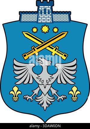 A blue and white shield with an eagle on it. The eagle is holding two swords. The shield is decorated with a fleur de lis Stock Vector