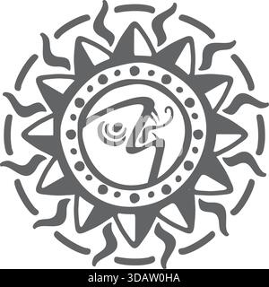 A black and white sun with a snake on it. The snake is looking at the camera. The sun is surrounded by a circle of dots Stock Vector