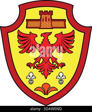A red and yellow shield with a bird on it. The shield is decorated with a castle and a tower Stock Vector