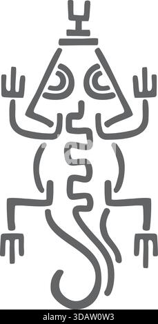 A stylized drawing of a lizard with a long tail. The lizard is drawn in a way that it is breathing, with its tail curled up and its mouth open. The im Stock Vector