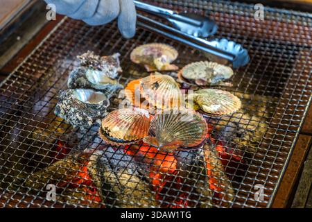 Ama diver Kimiyo Hayashi with fresh seafood, which she prepares on the charcoal grill right in front of the guests. An Ama Hut lunch begins with fresh scallops. Shima, Mie, Japan Stock Photo
