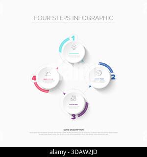 A clean four-steps infographic diagram showcasing a business process across four circular steps. This four-steps infographic visually represents seque Stock Vector