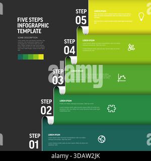 A vibrant five-step infographic template showcasing a progression of five steps. This infographic design uses gradient green and yellow colors for a m Stock Vector