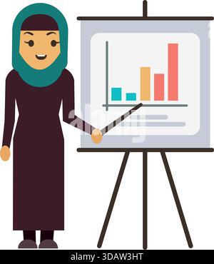 A woman is standing in front of a white board with a smile on her face. She is pointing to a graph on the board Stock Vector