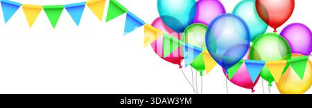 A bunch of colorful balloons and banners hanging from the ceiling. The balloons are in various colors and sizes, and the banners are in different shap Stock Vector