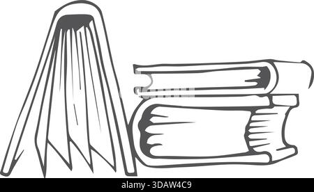 Three books stacked on top of each other with the top book being open. The books are all the same size and are lined up in a row Stock Vector