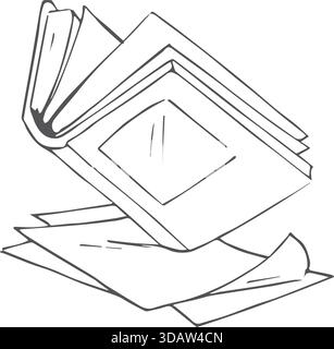 A book is open to a page with a picture of a window. The book is on top of some papers Stock Vector