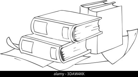 Three books stacked on top of each other. The books are white and the background is black. The books are arranged in a way that they are leaning on ea Stock Vector