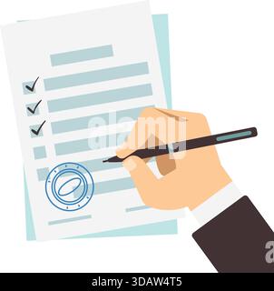A hand is writing on a piece of paper with a pen. The paper has a check mark on it Stock Vector