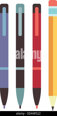 Four pens and pencils are shown in a row. The pens are blue, black, red, and purple. Concept of organization and order, as the pens Stock Vector