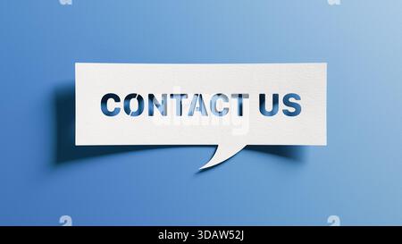 Contact us message cutout in white paper speech bubble on blue background for communication and customer support concepts Stock Photo