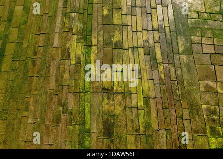 Aerial view of weathered brickwork laid in geometric patterns, textured with green moss and age, creating a natural mosaic of color and form, Sirajgan Stock Photo
