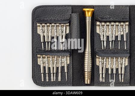 A black leather case holds a set of miniature screwdrivers. The set includes a handle with a gold top and interchangeable bits. The kit sits on a whit Stock Photo