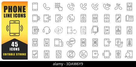Phone Line Icon Set Showcasing Communication, Connectivity, And Mobile Functionality. This Versatile Set Is Designed For Apps, UI Projects And Digital Stock Vector