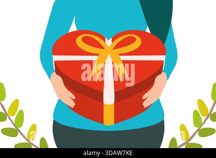 A woman stands holding a vibrant heart shaped gift box adorned with a ribbon, representing love and affection. This illustration embodies joyful celeb Stock Photo