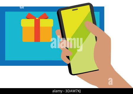 A hand holds a smartphone displaying an online shopping interface. In the background, a digital screen shows a colorful gift box, highlighting the exc Stock Photo