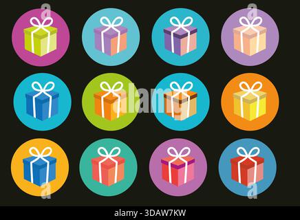 This display features various colorful gift boxes arranged in circles, showcasing a joyful theme perfect for celebrations, parties, or holidays and ad Stock Photo
