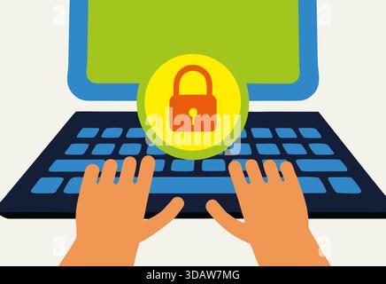 Hand Typing on Laptop with a Security Padlock Icon. Cyber security Concept. Stock Photo
