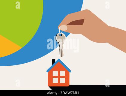 A hand is seen holding a key above a small house model, representing the excitement of home ownership. This moment captures the essence of real estate Stock Photo