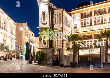 Illuminated architecture in Tiflis, Georgia, showcases the city's blend of historical styles and vibrant nightlife with elegant facades and palm trees Stock Photo