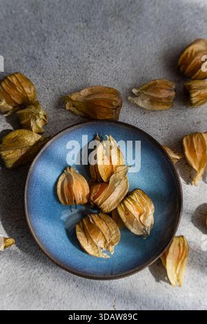 Top view of fresh physalis or Cape gooseberry, with husks, artistically arranged in a blue ceramic bowl on a textured gray background, highlighting it Stock Photo