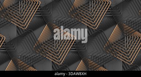 Elegant illustration showcasing a seamless pattern of overlapping geometric shapes in black and gold hues. A sophisticated blend of rectangles and squ Stock Photo