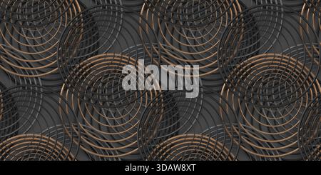 Intricate seamless pattern featuring dark geometric shapes with metallic gold and black accents. The abstract wallpaper design is composed of circles Stock Photo