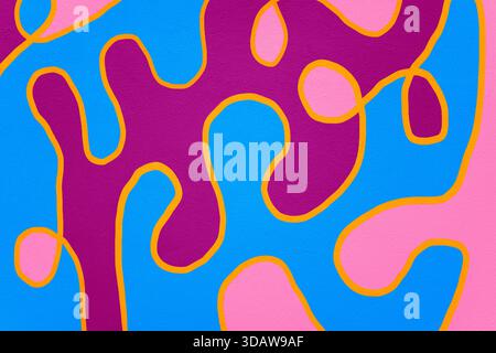 This psychedelic illustration features dynamic retro patterns with bold colors and flowing lines. The combination of pink, blue, and orange creates a Stock Photo