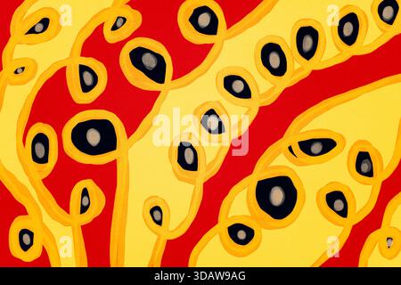 This illustration features dynamic retro patterns with vibrant red and yellow hues, bold black accents, and flowing curves. The artistic composition e Stock Photo