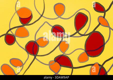 A vibrant illustration featuring dynamic retro patterns with swirling lines and bold colors. Organic shapes in red and orange create a playful, creati Stock Photo